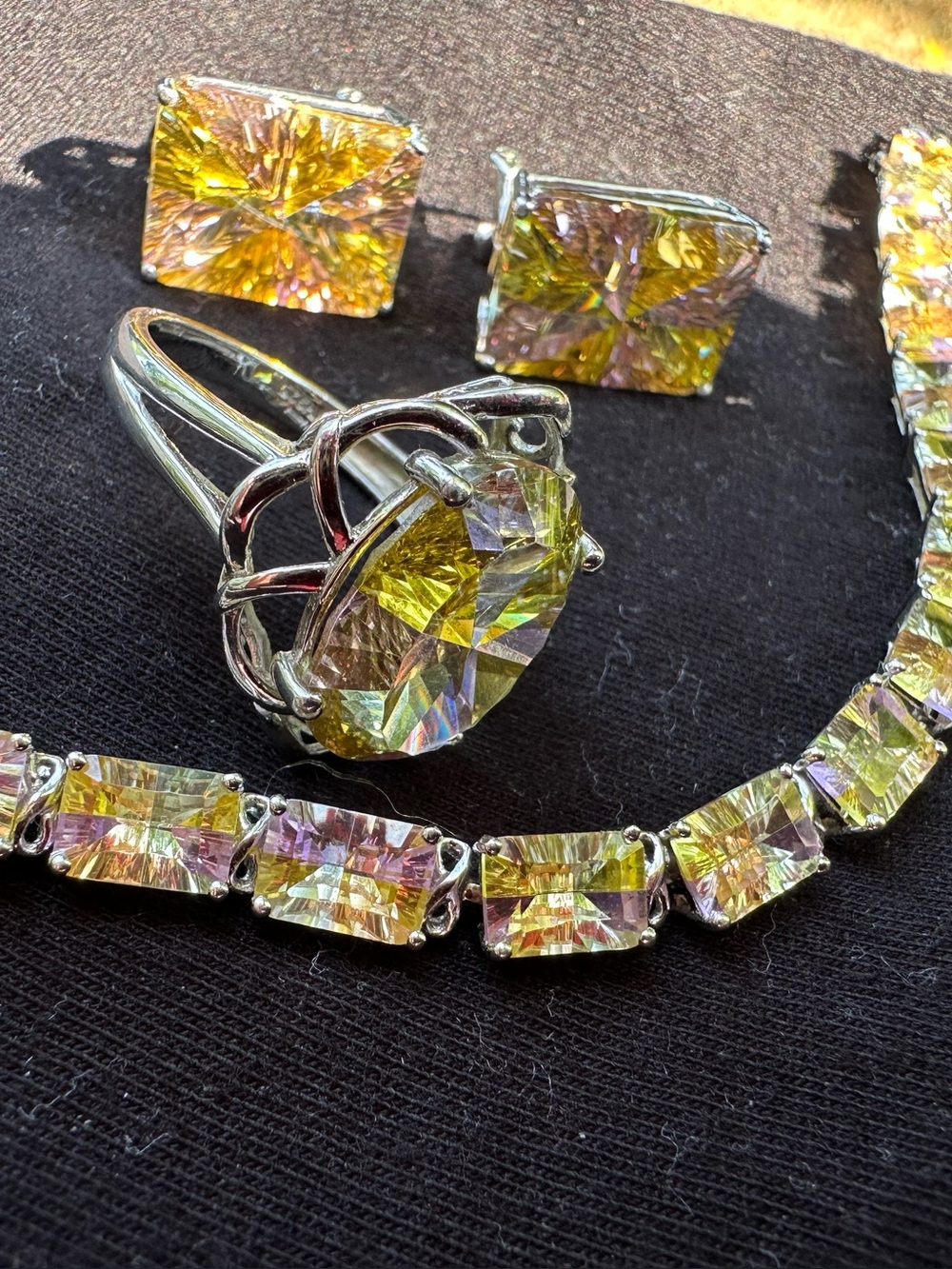 Yellow Aurora Crystal Jewelry Set - Ring, Earrings & Bracelet